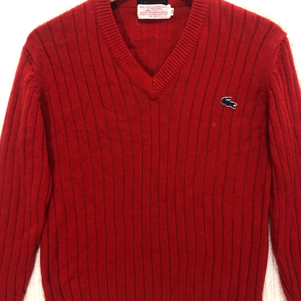 Vtg 70s Izod Lacoste Red Ribbed V-Neck Acrylic Sweater Size 20 Youth Fits XS S